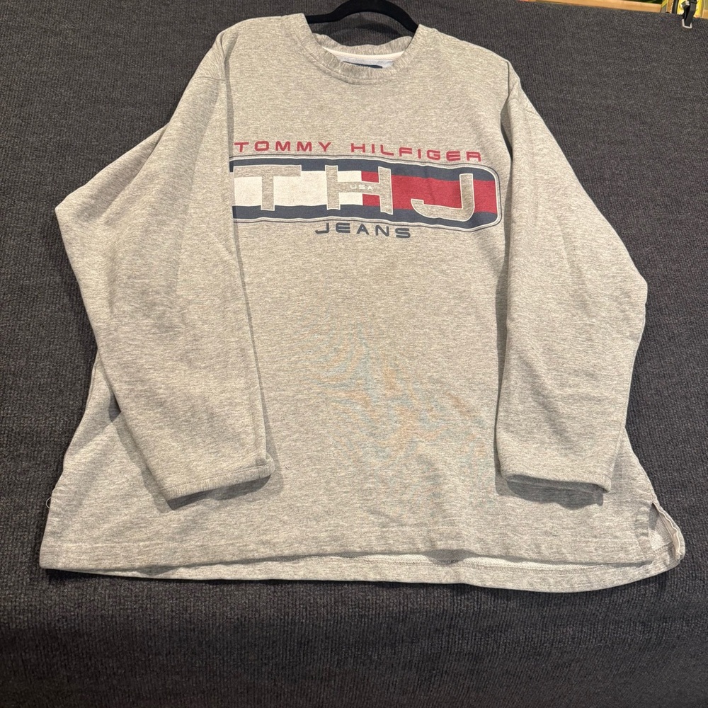 VTG Tommy Hilfiger Jeans Sweatshirt Gray Logo Graphic Mens Medium Made in USA